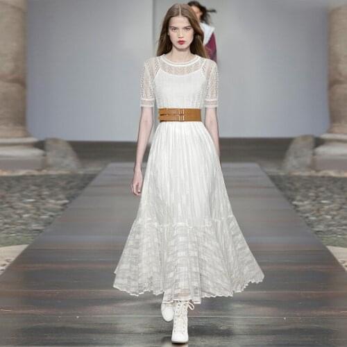 Runway new white round neck short sleeve hollow Knitted Top + swing long skirt womens set 210630MX01