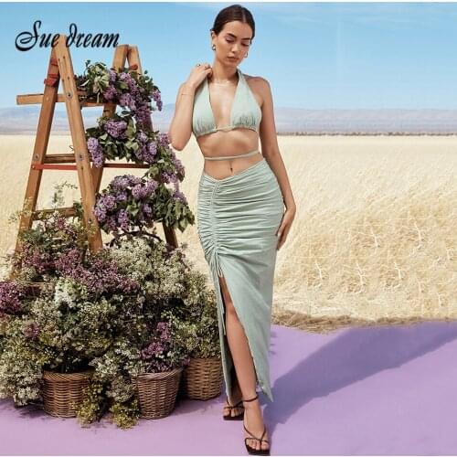 Sexy Halter Crop Top And Smock Split Long Skirt 2021 New Summer Elegant Evening Club Party 2-Piece Set Vestido