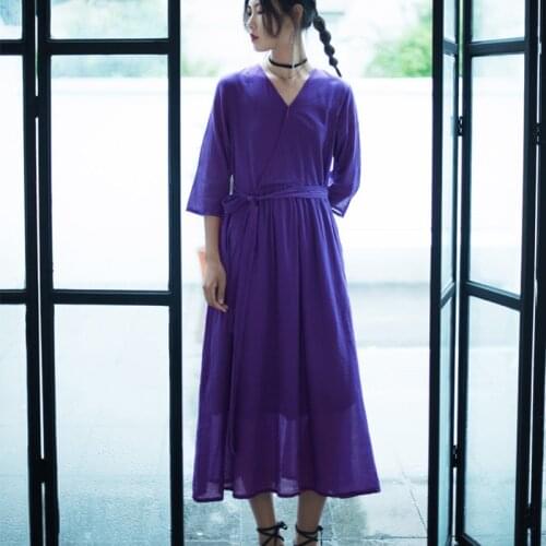 Johnature Women Cotton Linen Dresses V-Neck Half Sleeve Embroidery Belt Vintage Solid Color Clothes 2021 Summer New Soft Dress