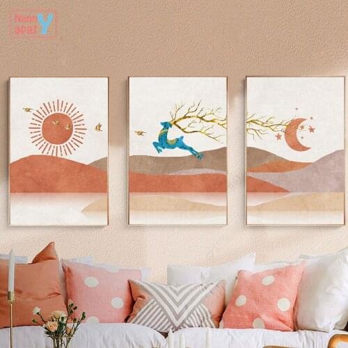Abstract Landscape Sun Moon Deer Scene Canvas Painting Wall Art Picture Boho Posters and Prints for Living Room Home Decoration