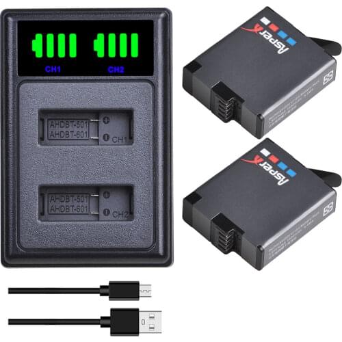 2Pcs 1680mAh AHDBT-501 AHDBT501 Batteries for Gopro Hero 5 6 7+ LED USB Charger with Type C Port For GoPro 5 Hero 6 Hero 7 Camer