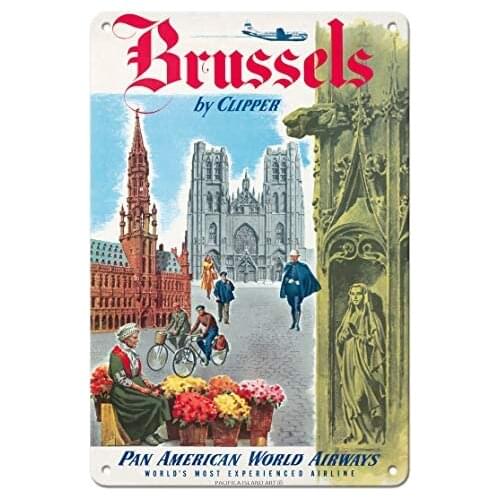 Brussels, Belgium by Airways - The Cathedral of Saints Michel and Gudule - Vintage Airline Travel Poster Vintage Metal Tin Sign