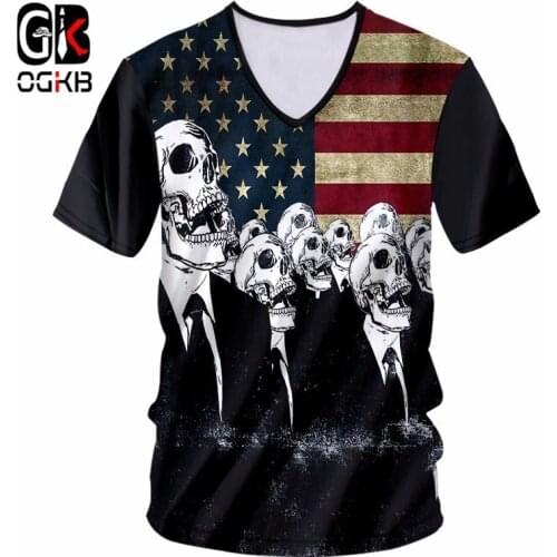 OGKB Hiphop Punk Sexy V Neck Tee Shirt Women/mens Print American Flag Skull 3D T-shirt Short Sleeve Casual Tshirts New Harajuku