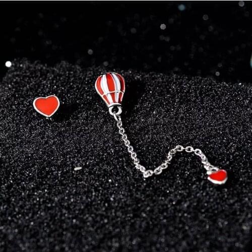 Korean Version of S925 Needle Earrings Mini Red Love Hot Air Balloon Asymmetrical Earrings Temperament Simple Earrings