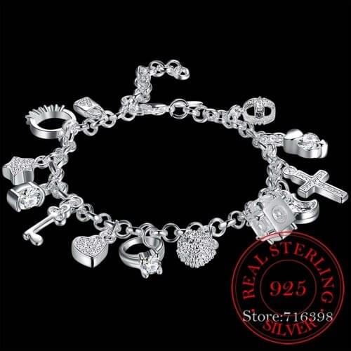 New 925 Sterling Silver 13 Charms Cross Lock Key Heart Star Moon Flower Zircon Bracelet Bangle Womens Fine Jewelry Accessories