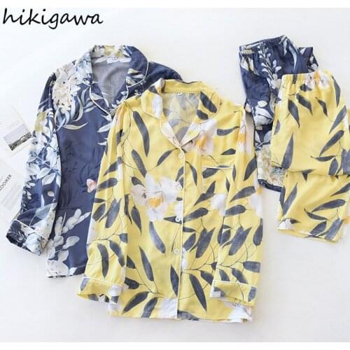 Hikigawa Pajamas Women Sprint Autumn Thin Pijamas De Mujer Chic 2 Piece Set Long Sleeve Floral Suit Female Womens Home Clothes