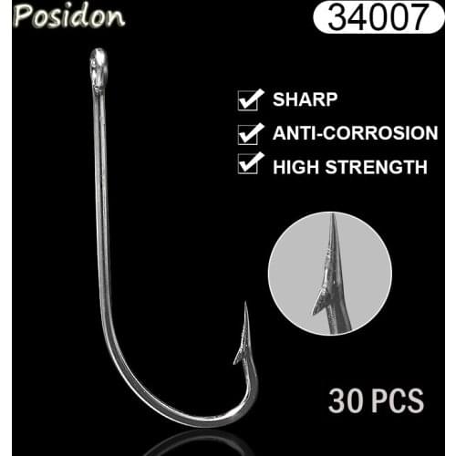 Posidon 34007 30Pcs/Pack Size 3/0-10/0 Stainless Steel OShaughnessy Hooks Stainless Steel Long Shank Saltwater Fish Jig Hooks