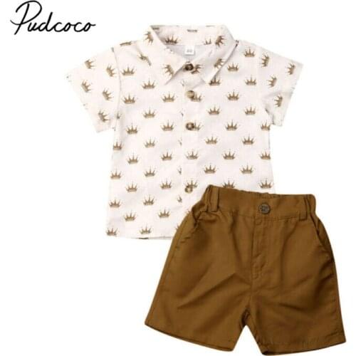 Pudcoco Gentleman Clothes Set 2020 Baby Boys Summer Suit Wedding Crown Full Print T-Shirt + Shorts Elastic Wasit Pants Outfits