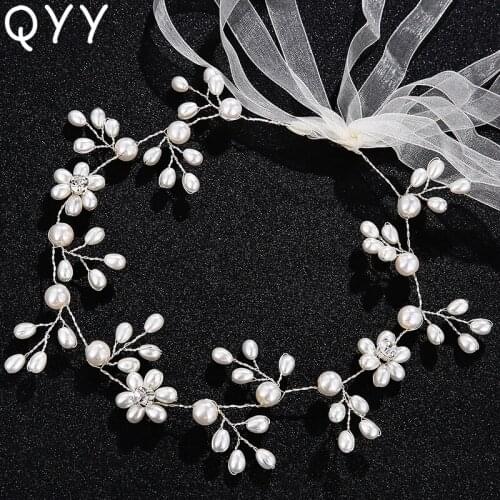 QYY Crystal Hair Vine Hairband for Bridal Ladies Tiara Crown Pearl Blossom Bridal Headband Wedding Head Chain Sweet Jewelry