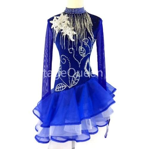 Blue Latin Dance Dresses Women High Quality Customized Salsa Rumba Samba Dancing Skirt Lady Fringe Latin Competition Dance Dress
