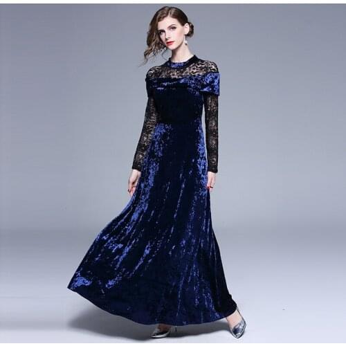 High Quality Fashion Designer Runway Maxi Dresses 2020 Autumn Womens Long Sleeve O-Neck Lace Patchwork Velvet Party Long Dress