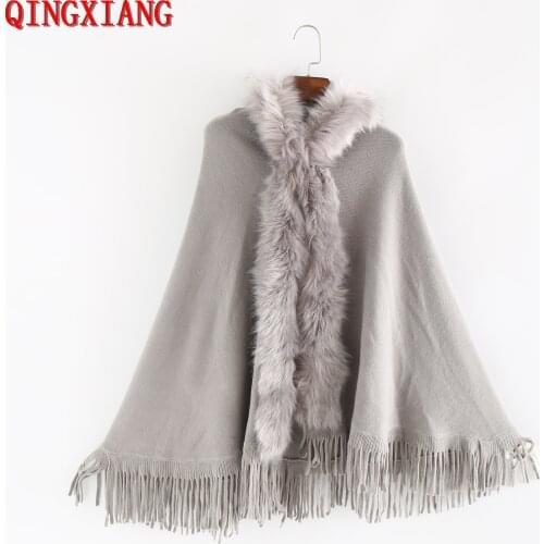 5 Colors 2020 110*70cm New Winter Women Faux Fur Collar Tassel Pashmina Faux Cashmere Capes With Hat Cardigan Solid Grey Coat
