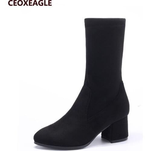 2018 New Fashion Mid Calf Elastic Sock Boots Chunky High Heels Stretch Women Winter Sexy Booties Women Chelsea Boots size 35- 40