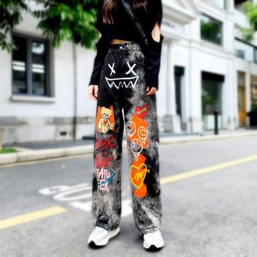 Plus Size BF Style Autumn Casual Cool Jeans Woman Long Trousers Cowboy Female Loose Streetwear Graffiti Print Pants SL236