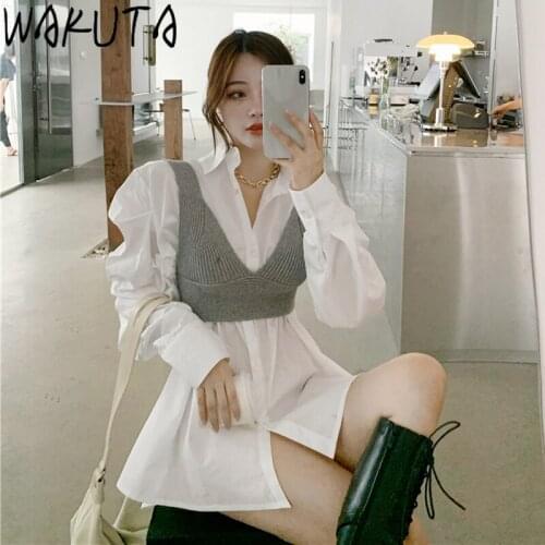 WAKUTA Knitted Grey Camis and Simple Long Blouse 2 Piece Set Women 2021 Spring Korean Trendy Elegant Womens Clothes Office Lady