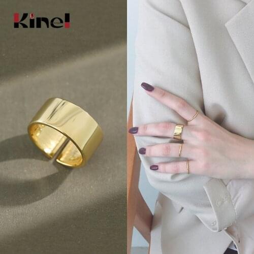 Kinel Real 925 Sterling Silver 18K Gold Ring Ladies Minimalism Glossy Open Ring Wide Simple Finger Ring Silver 925 Bijoux