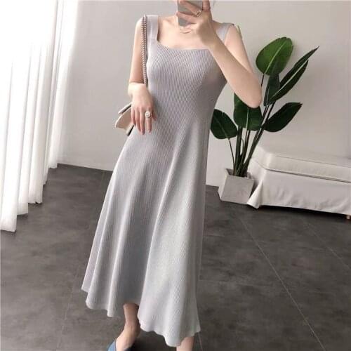 Women Summer Fashion Dress New Korean Knitting Female Solid Color Casual A-Line Pullovers Simple Slim Robe DressesYM123