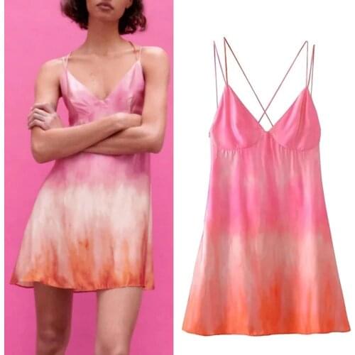 Dress Woman Za 2021 Tie Dye Slip Mini Dress Women Backless Strap Sexy Short Summer Dresses Sleeveless Beach Sundress
