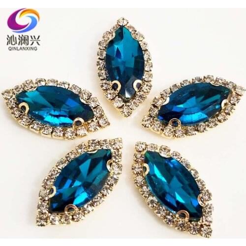 Gold bottom Peacock blue Top grade Glass Crystal buckle, eye shape sew on rhinestones with holes,Diy/jewelry accessories SWEKG13