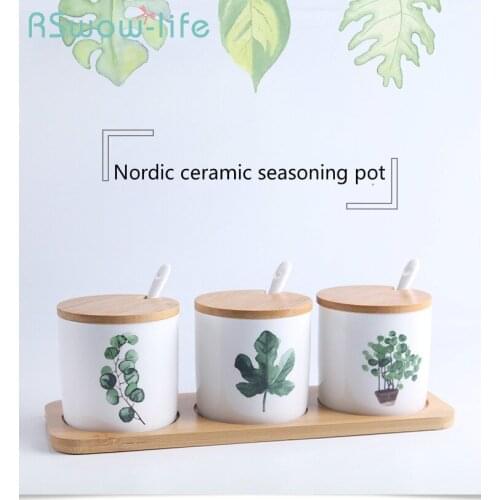 3pcs Ceramic Cruet Set Nordic Creative Home Green Planting Pot with Wooden Mats and Spoon Home Ceramic Kitchen Supplies