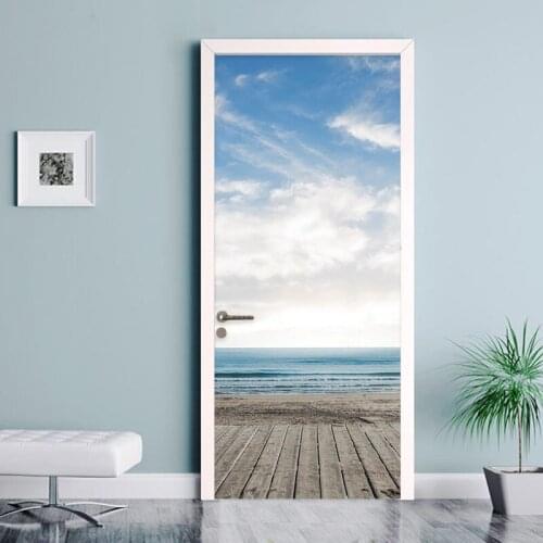 3D Door Murals Blue Sky and White Clouds Sea Wallpaper Living Room Kitchen Door Decoration Pvc Self-Adhesive Waterproof Stickers