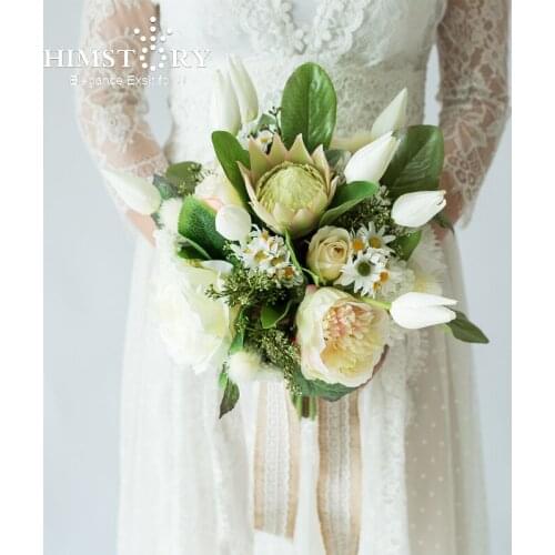 HIMSTORY Wedding Bouquet Silk Roses White Flowers Bridal Bouquet Artificial Flowers Marriage Bridesmaids Bouquet Home Decorati