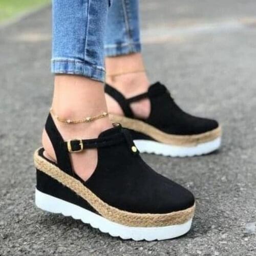 Womens Sandals Vintage Wedge Shoes Woman Buckle Strap Straw Thick Bottom Flats Platform Sandals Flock Female Shoes Summer 2021