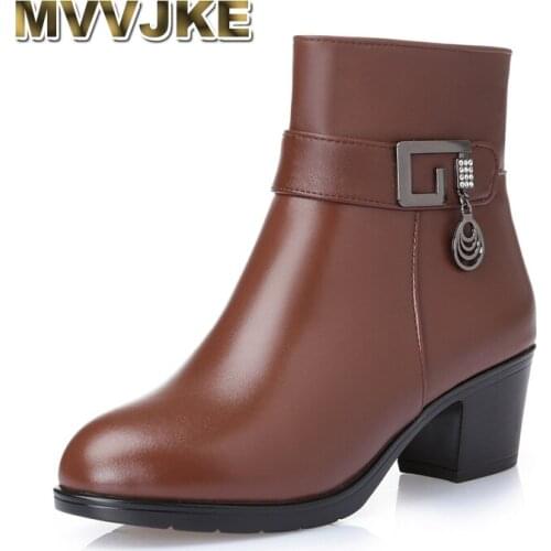 MVVJKE Women Boots Thick Heel Platform Shoes Autumn Winter Wool Boots For Women Genuine Leather Ankle Boots Size 35-43