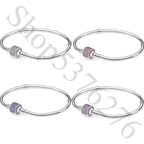 Authentic 925 Sterling Silver Moments Sparkling Pave Fashion Bracelet Fit Pandora Women Bead Charm Bangle Gift DIY Jewelry
