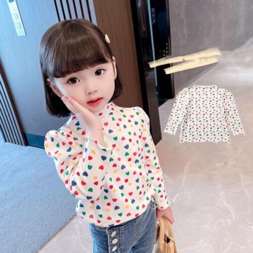 2021 Spring Autumn 1-8 Years ChildrenS Puff Sleeve Heart Basic Tees Baby Sweet All Match Long Sleeve T-Shirt For Kids Girls