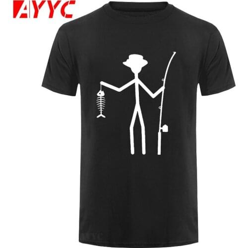 AYYC T-Shirt Tshirt Cool Funny T-Shirt Men High Quality Tees Mens Fisherman Stick Figure Holding Fish Bones Cotton T Shirts