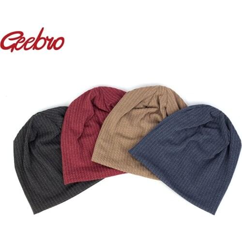 Geebro 2019 New Women Stripe Slouchy Beanies Hat and Caps Men Winter Autumn Baggy Unisex Cotton Knitted Skullies Gorros