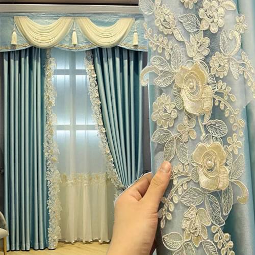 French Luxury High Density Blackout Curtain White Flowers Embossed Embroidery Pearl Skirt Tulle Curtain For Bedroom Living Room4