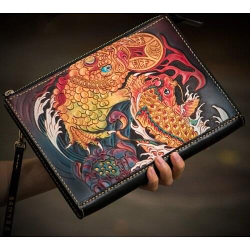 Chinese Style Handmade Men Vegetable Tanned Leather Bag Money Holder Clutch Purse Cigarette Pocket Man Clutches Christmas gifts