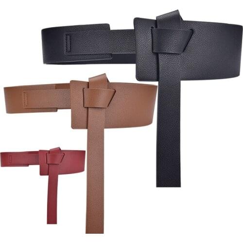 Soft Pu Leather Belts for Women Knot Wide Long Belt Female Lady Cummerbund Dress Coat Waistband