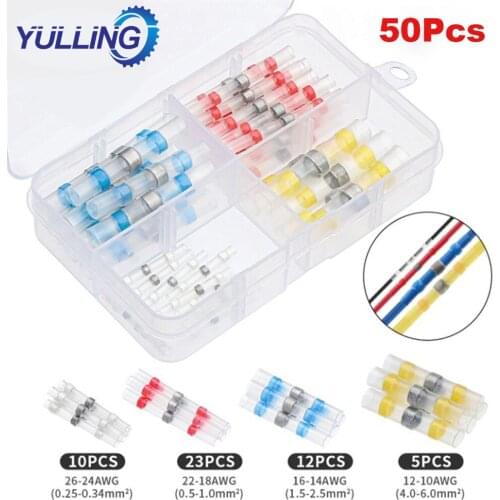 50Pcs Heat Shrink Butt Crimp Terminals Waterproof Solder Seal Electrical Butt Connectors Wire Cable Splice Terminal Kit