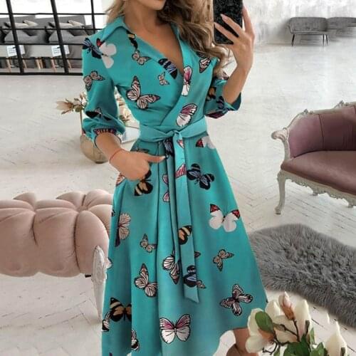 Butterfly Print Party Dresses for Women Spring Fashion Sexy V-neck Belt A-Line Dress Female Casual Long Sleeve Elegant Women New