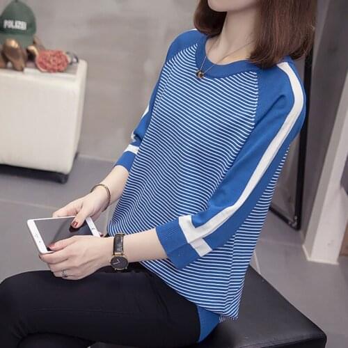Plus Size Striped Patchwork Knitted Pullover Sweaters Women Autumn Fashion Korean Three Quarter Sleeve Knitwear Oversize Jumpers