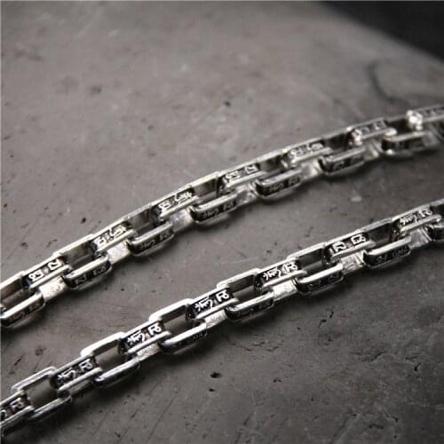 Sanskrit S925 Sterling Silver Six Words Scripture Necklace Retro Thai Silver 7MM Rough Domineering Men