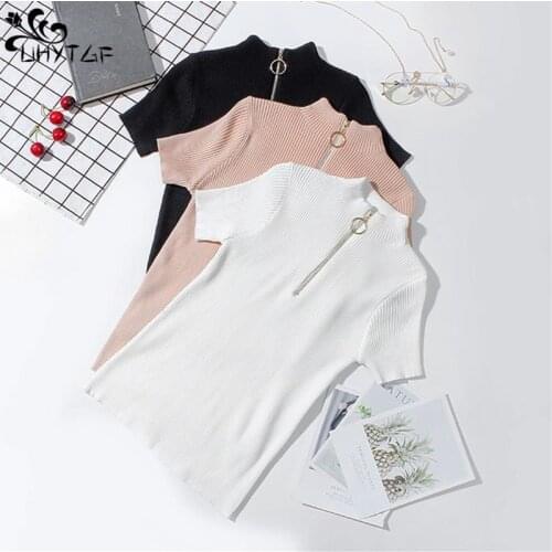 UHYTGF Fashion Women Knit Sweater T shirt High Elasticity Half high Collar Pullover Ring Zipper Sweater Female Haut Femme 974