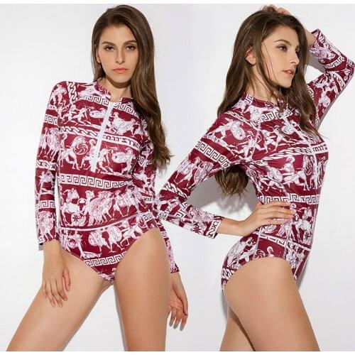 Womens Long Sleeve Rash Guard UV UPF 50+ Sun Protection Printed Zipper Surfing One Piece Swimsuit Bathing Suit Swimwear