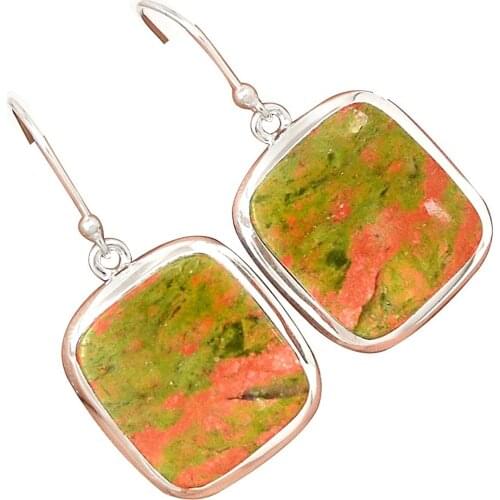Lovegem Genuine UNAKITE EARRING 925 Sterling Silver,37 mm, AE1538