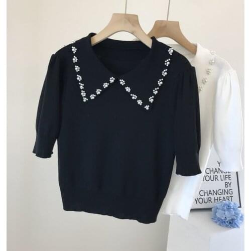 Ice Silk Short Sleeve Knitting Thin Womens Summer Niche Design Sense Nail Bead Lapel Top Fashion