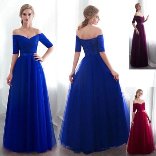 Long Purple Red Gray Cheap Evening Dresses 2020 A-Line Off the Shoulder Half Sleeve Vestido De Noite Custom Made robe de soiree