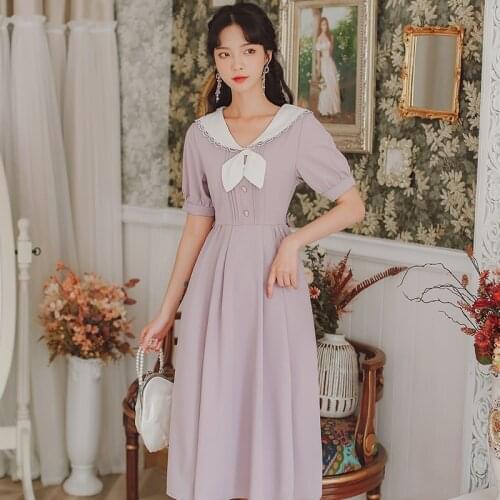 Summer French Temperament Slim Lace Stitching Doll Collar Sweet Kawaii Dress Women Single-breasted Bow Cute Preppy Style Vestido