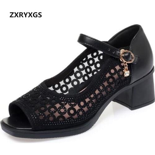 ZXRYXGS 2021 New Genuine Leather Mesh Rhinestone Shoes Fashion Sandals Breathable Fish Mouth Sandals Soft Sole High Heel Sandals