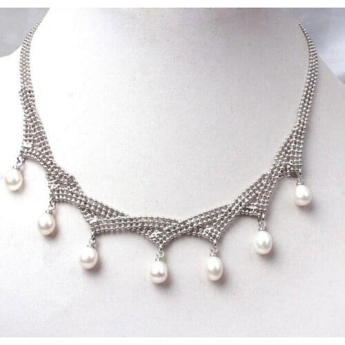 17'' 43cm Women Jewelry 8mm white oval round pearl pendant weave silver chain necklace Real freshwater pearl