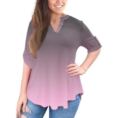2021 Womens Plus Size Tops Summer Spring 3/4 Roll Sleeve Shirts V Neck Blouses Loose Tunic Top рубашка женская oversize