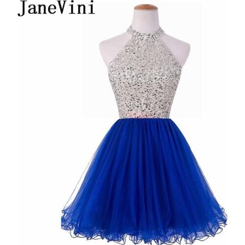 JaneVini Sparkly Royal Blue Graduation Homecoming Dresses With Silver Beading Sequined Keyhole Back Tulle Short Bridesmaid Dress