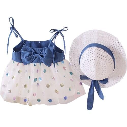 Kids Clothes Girls Summer Cute Baby Denim Beach Mesh Bow Tie Dresses with Dots Costume Toddler Infant Children Summer Clothes